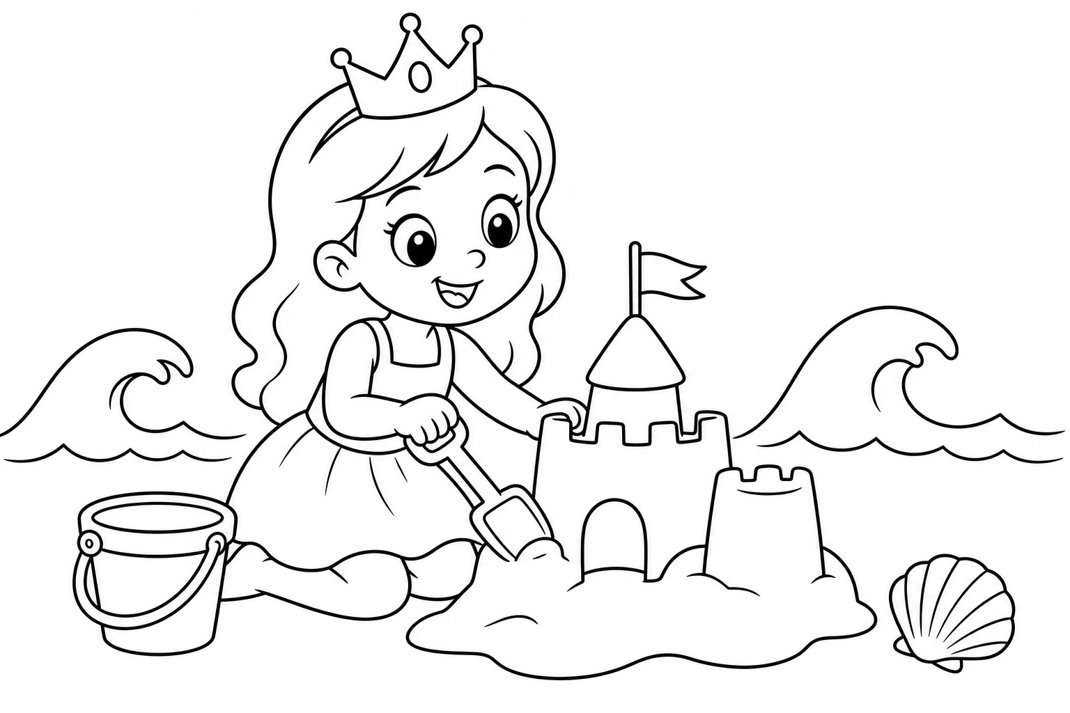 Princesses beach sandcastle — easy princesses coloring page (ages 2–5)