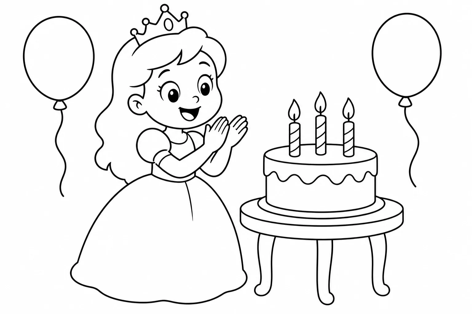 Princesses birthday cake — easy princesses coloring page (ages 2–5)