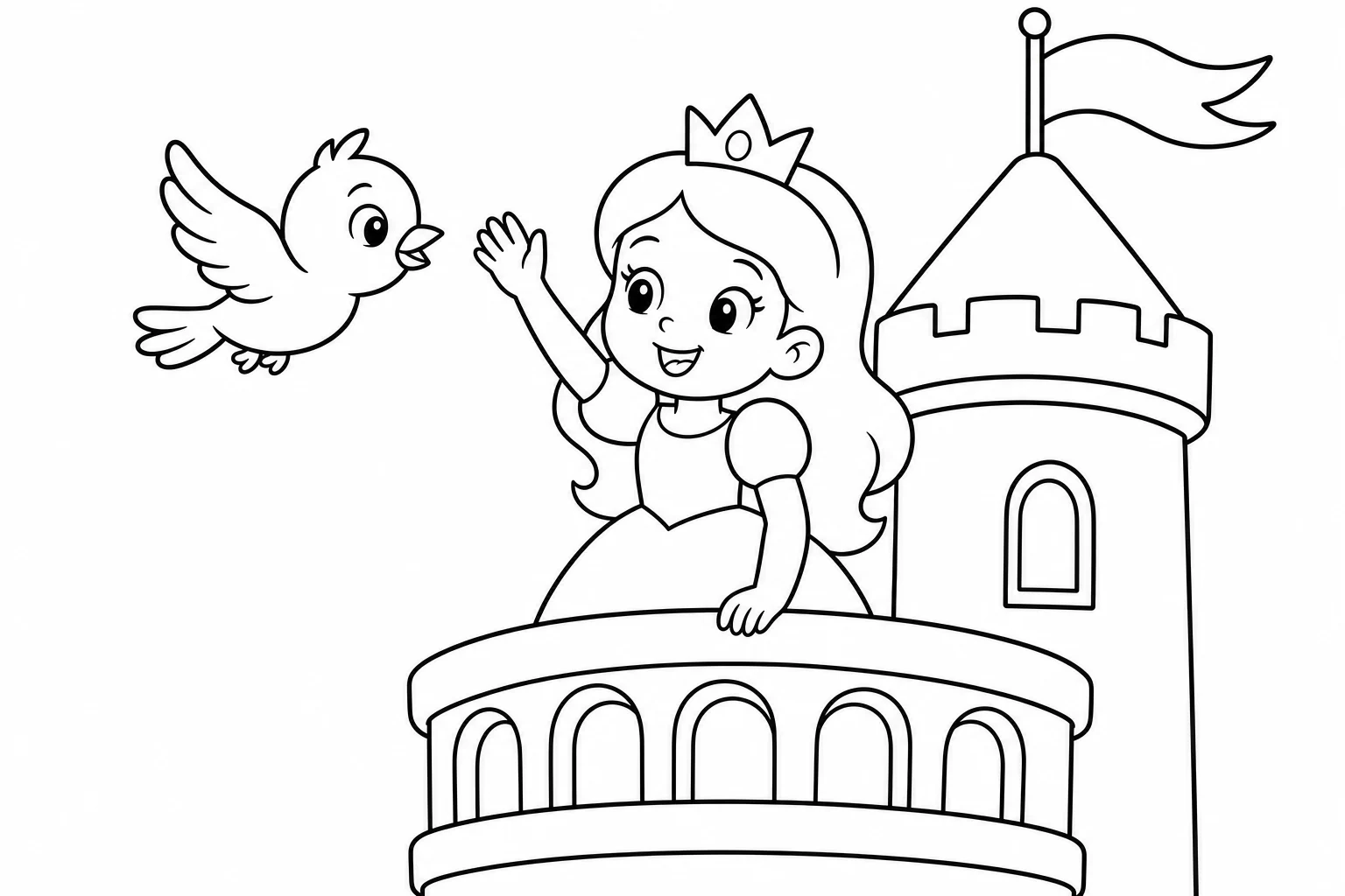 Princesses castle balcony — easy princesses coloring page (ages 2–5)