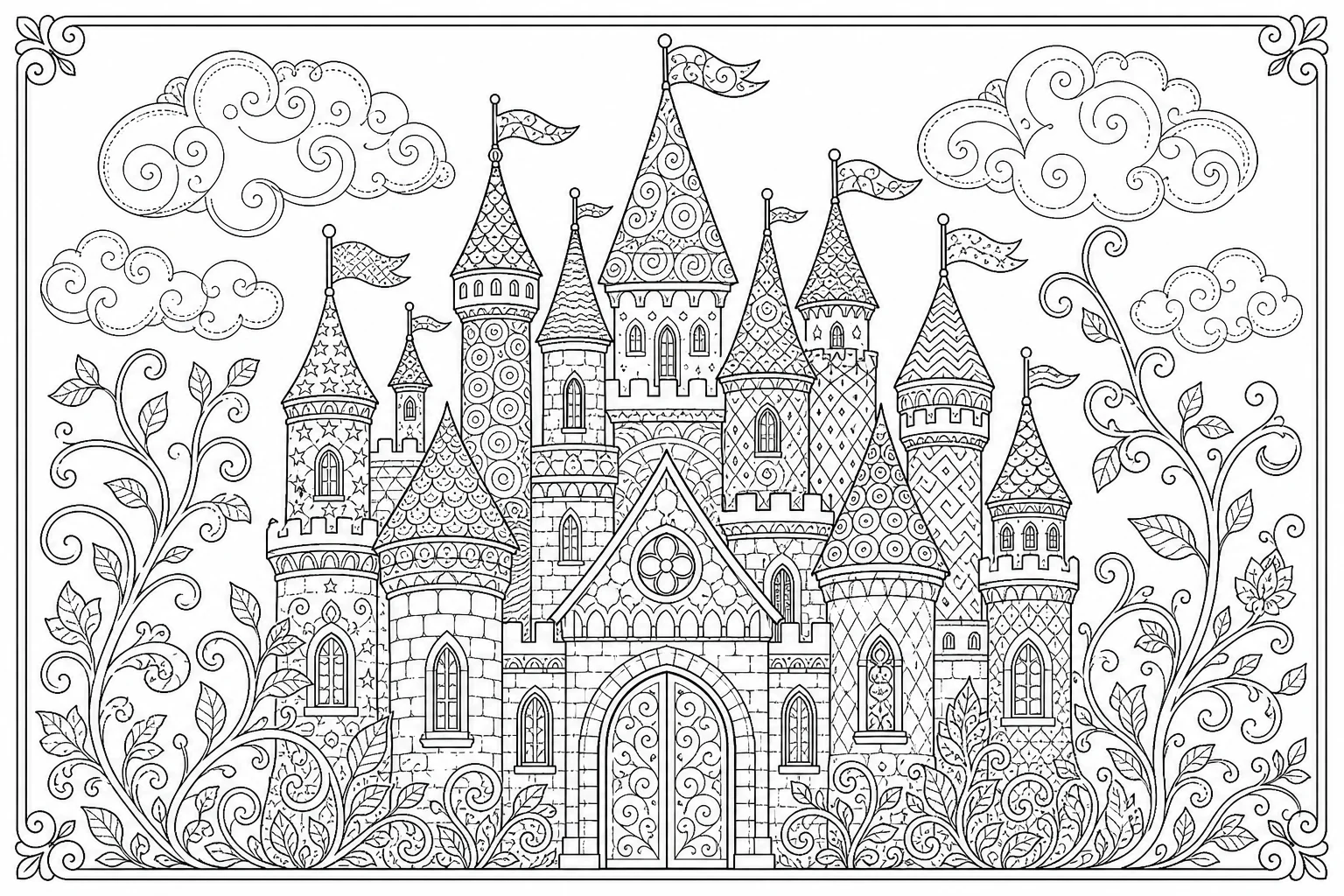 Princesses castle tangle — detailed princesses coloring page (ages 9+ & adults)
