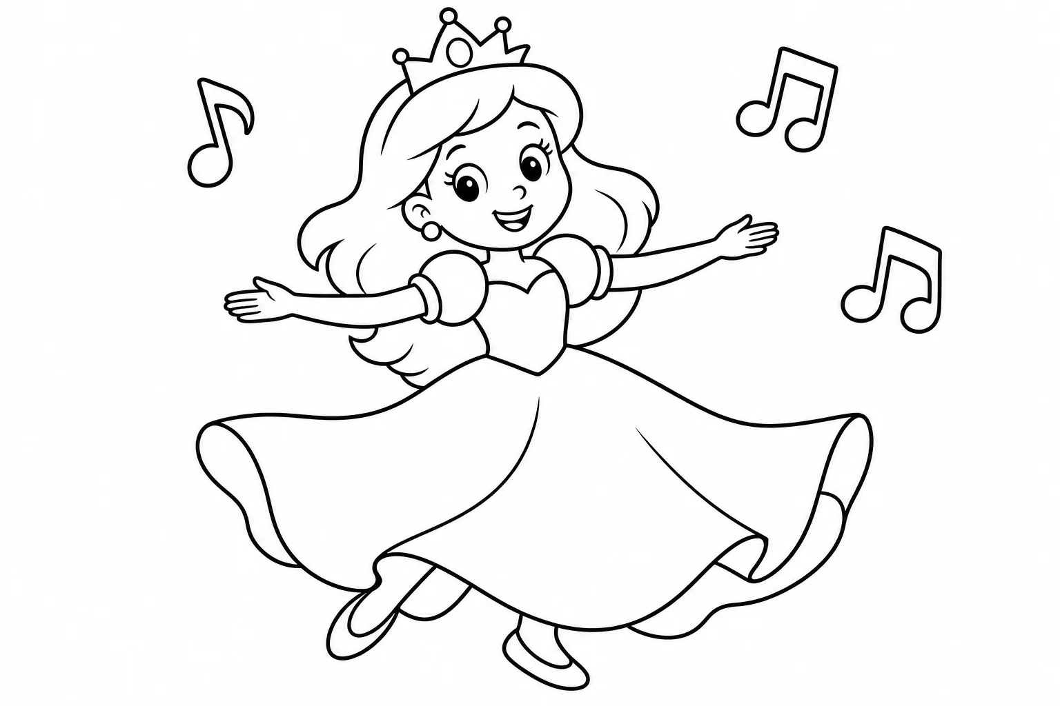 Princesses dancing twirl — easy princesses coloring page (ages 2–5)
