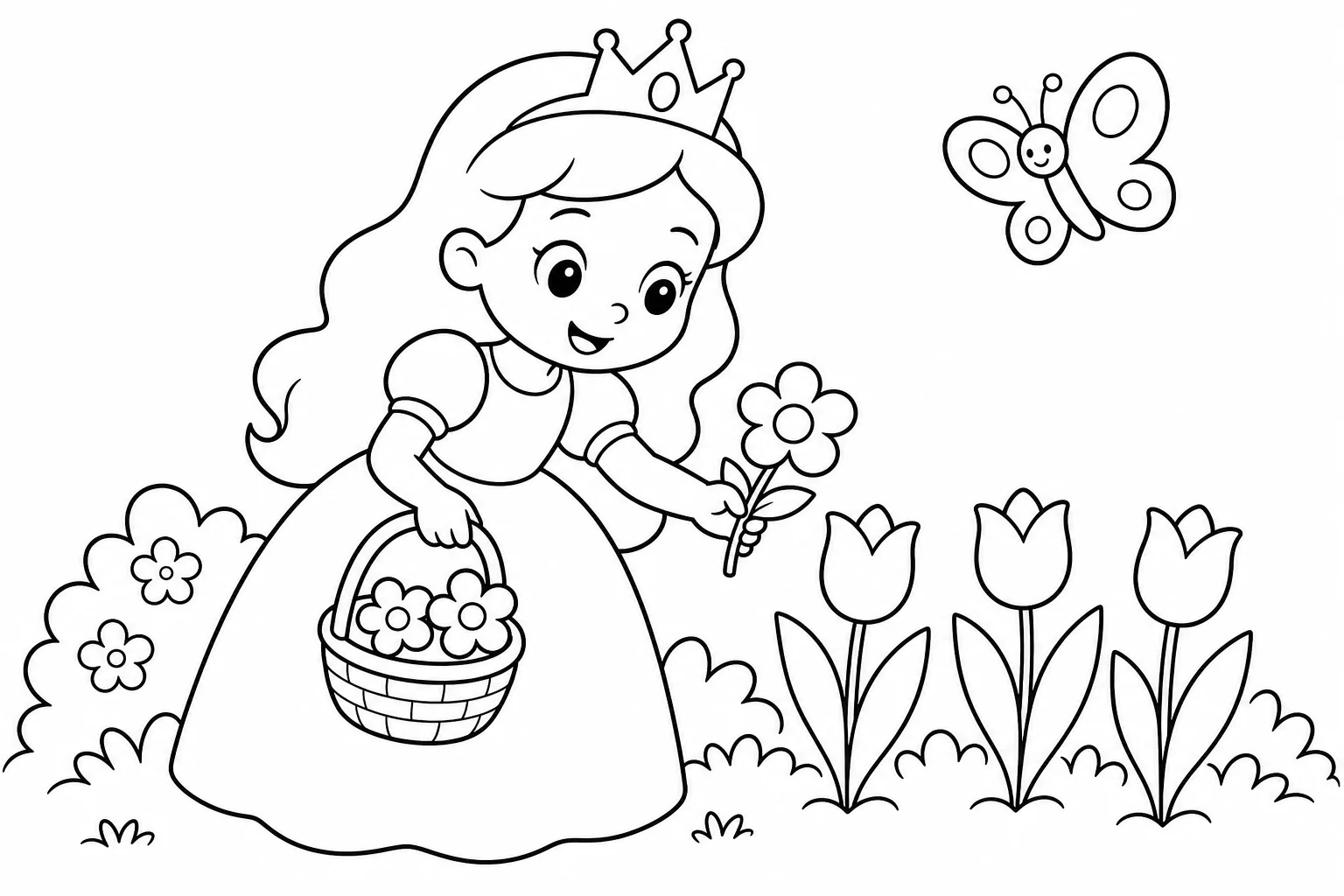 Princesses flower garden — easy princesses coloring page (ages 2–5)