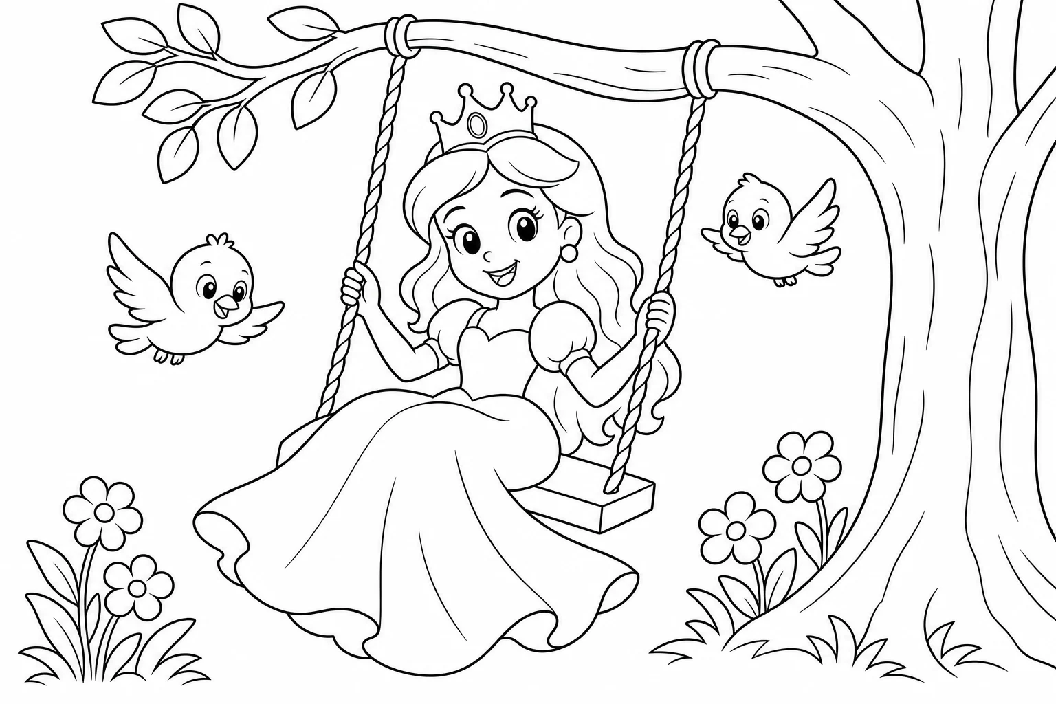 Princesses garden swing — easy princesses coloring page (ages 2–5)