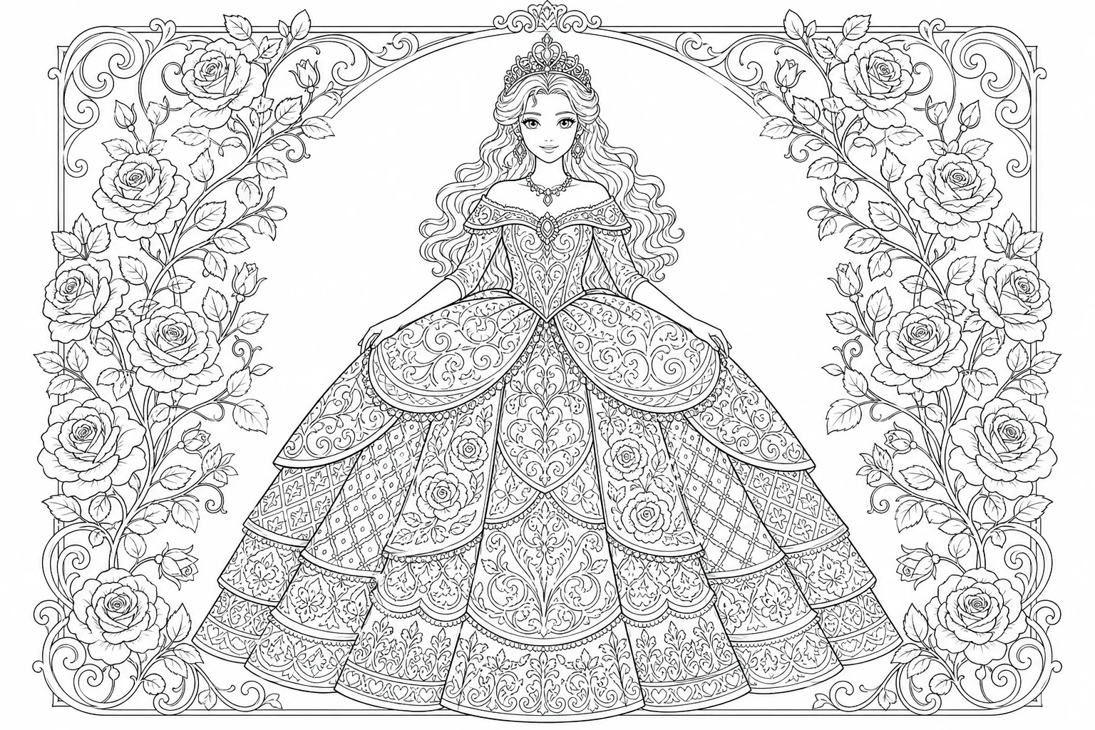 Princesses gown patterns — detailed princesses coloring page (ages 9+ & adults)