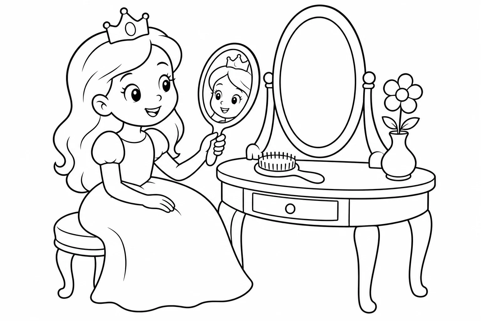 Princesses hand mirror — easy princesses coloring page (ages 2–5)