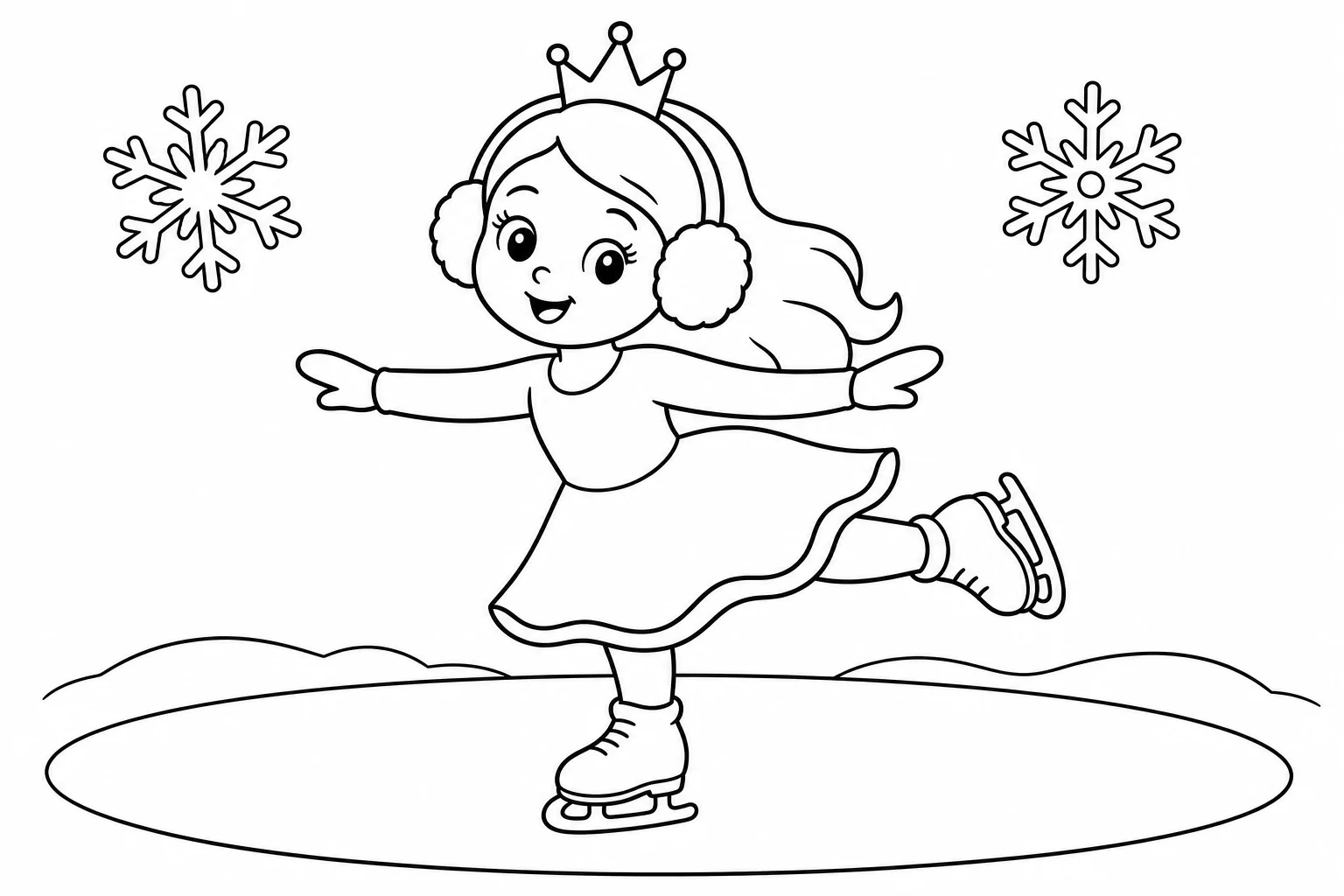 Princesses ice skating — easy princesses coloring page (ages 2–5)