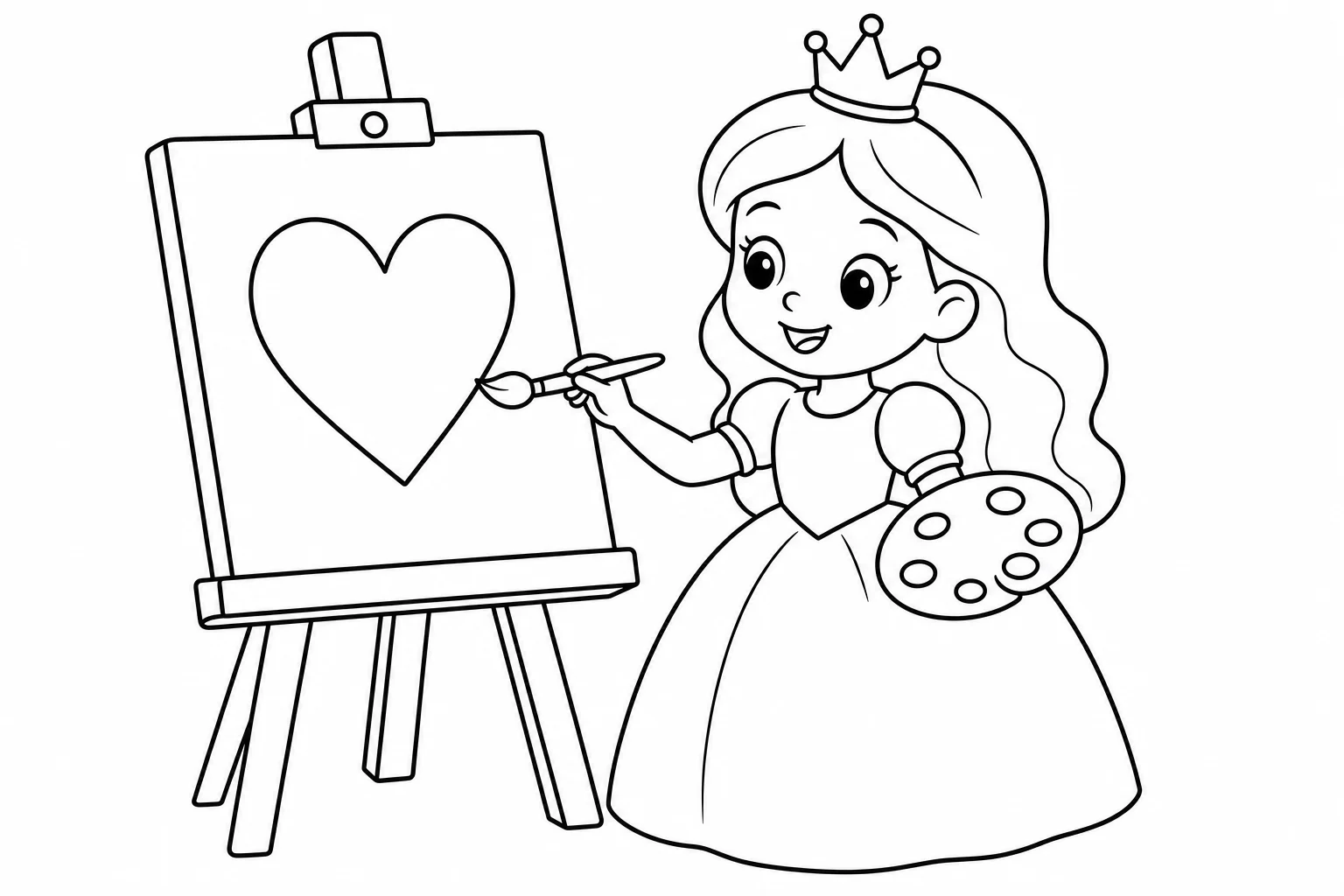 Princesses painting easel — easy princesses coloring page (ages 2–5)