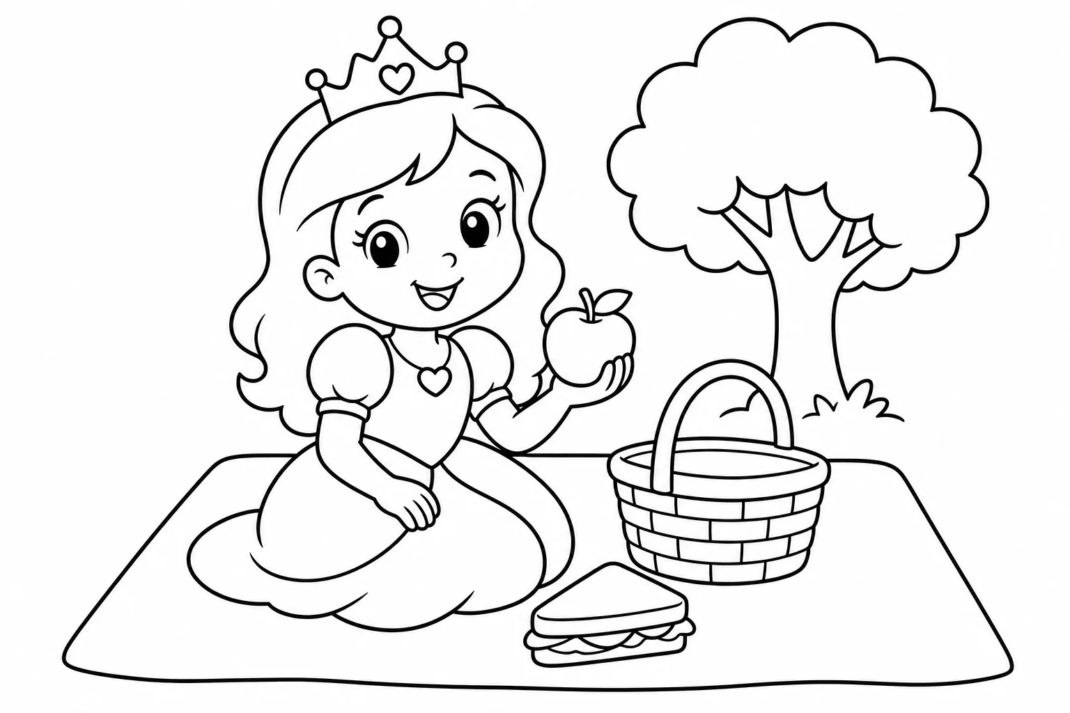 Princesses picnic — easy princesses coloring page (ages 2–5)