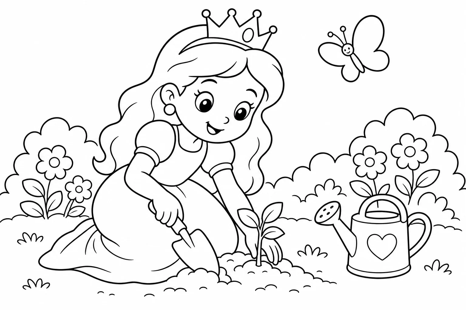 Princesses planting flower — easy princesses coloring page (ages 2–5)