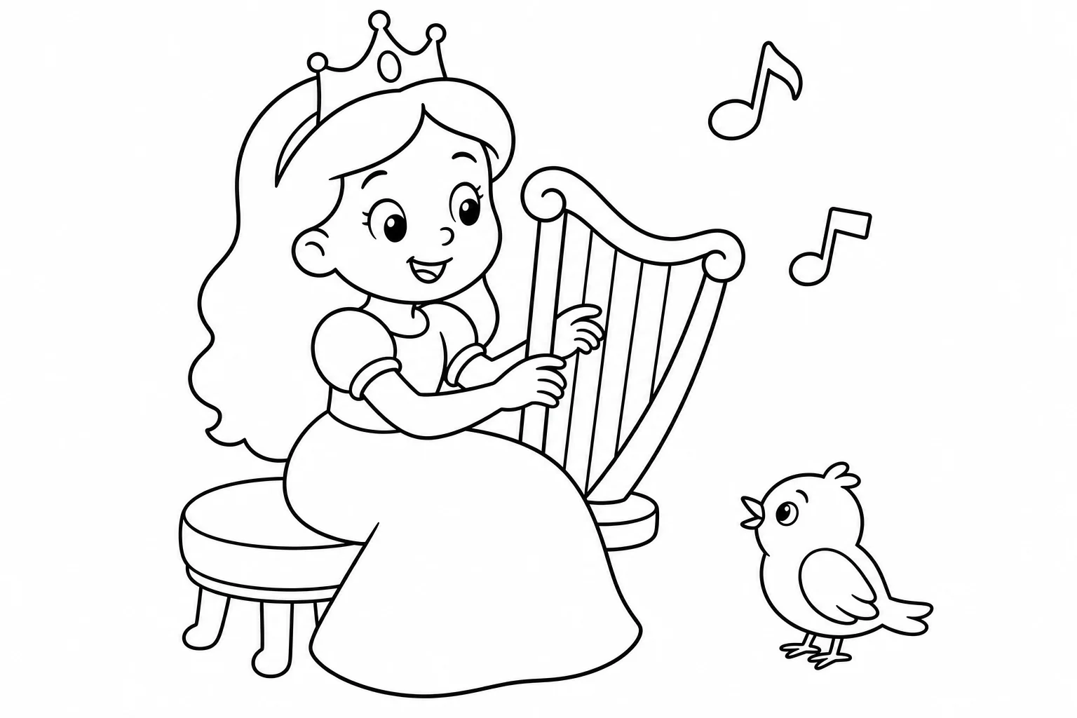 Princesses playing harp — easy princesses coloring page (ages 2–5)