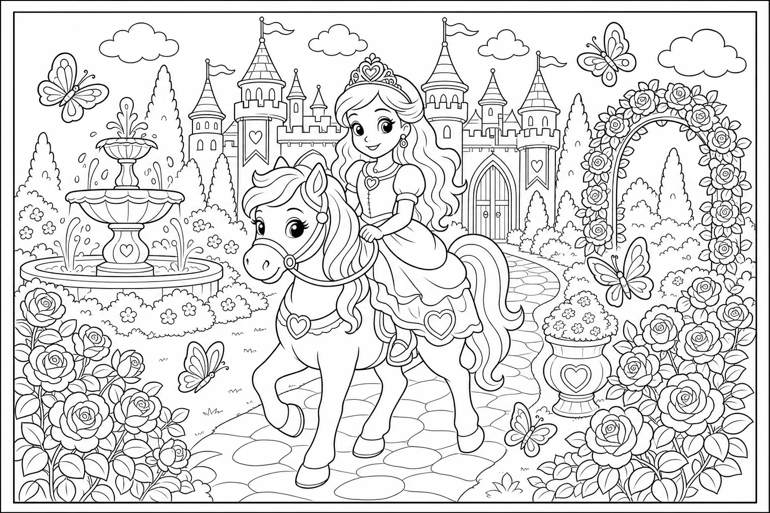 Princesses pony ride — classic princesses coloring page (ages 5–10)