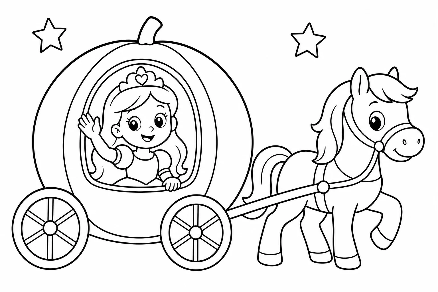 Princesses pumpkin carriage — easy princesses coloring page (ages 2–5)