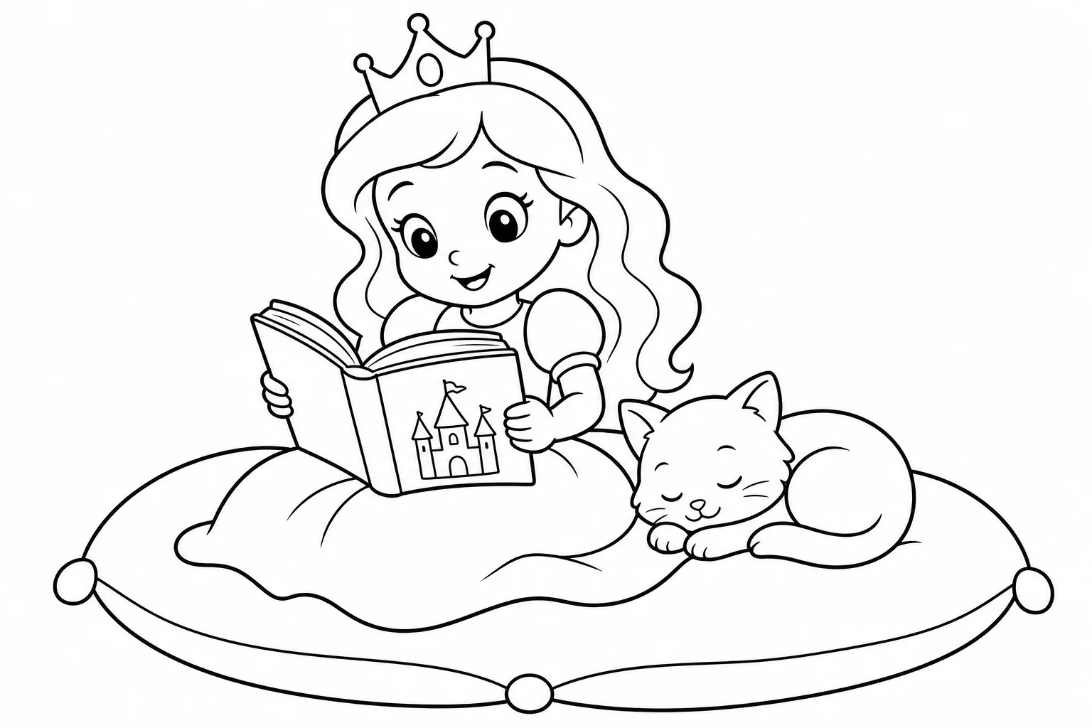 Princesses reading book — easy princesses coloring page (ages 2–5)