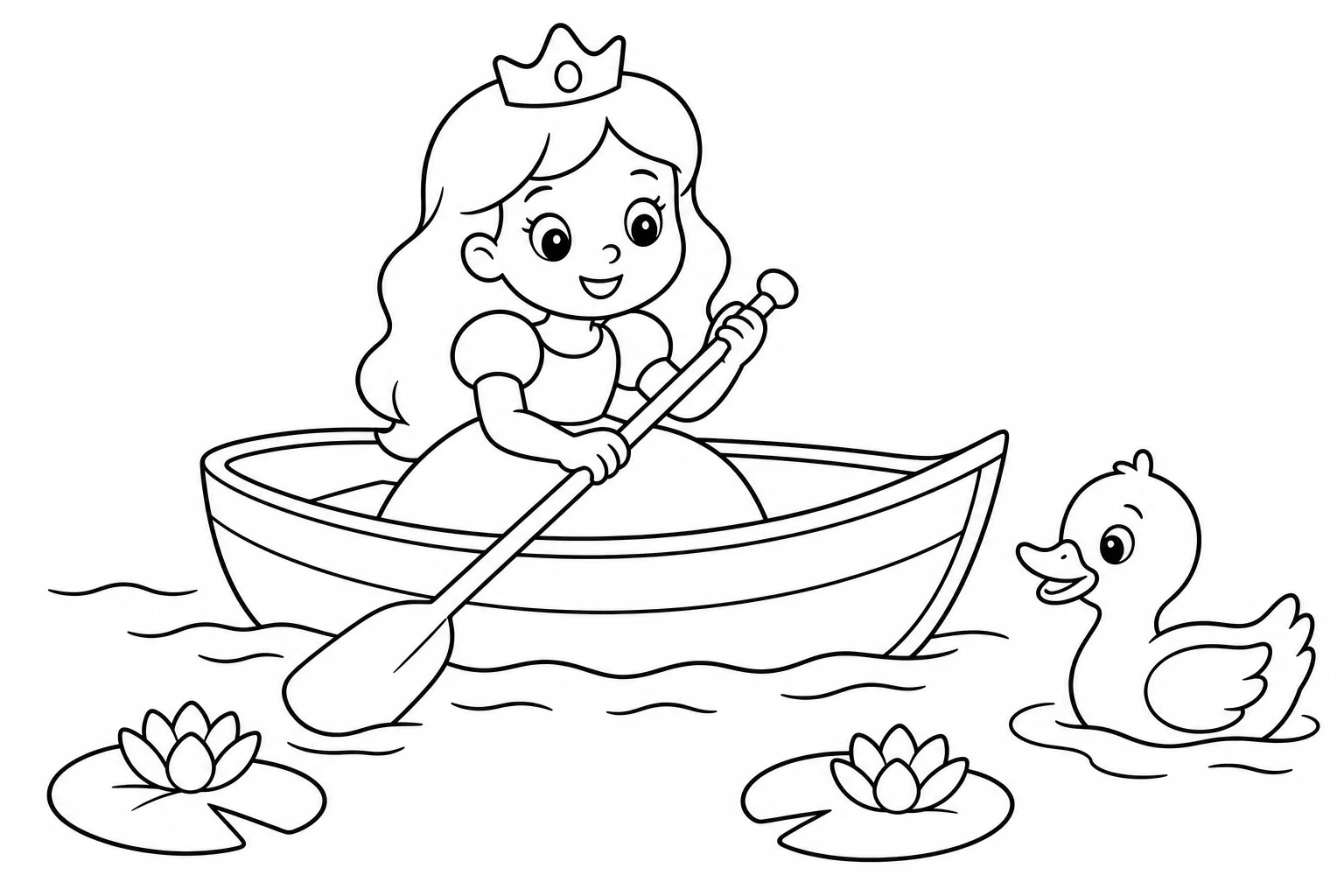Princesses rowing boat — easy princesses coloring page (ages 2–5)