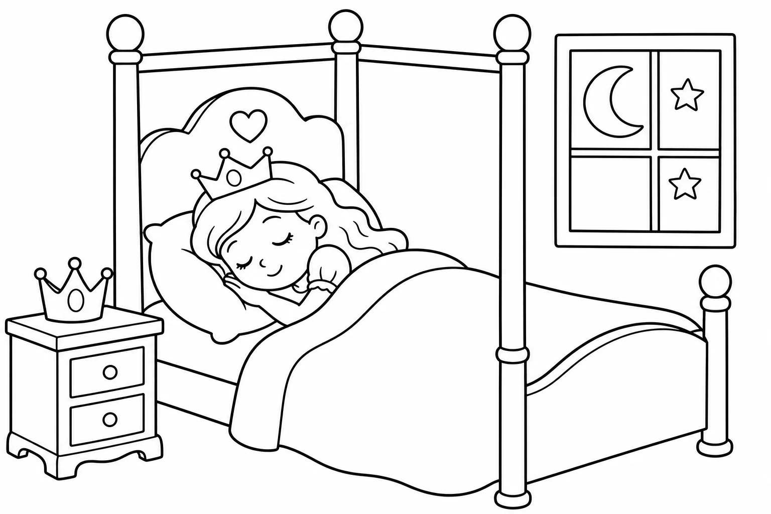 Princesses sleeping bed — easy princesses coloring page (ages 2–5)