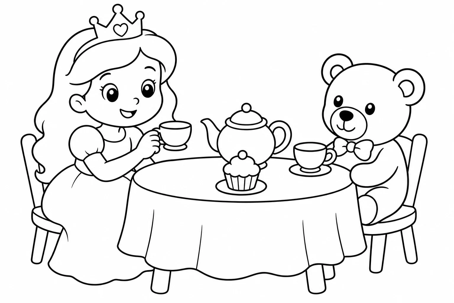Princesses tea party — easy princesses coloring page (ages 2–5)