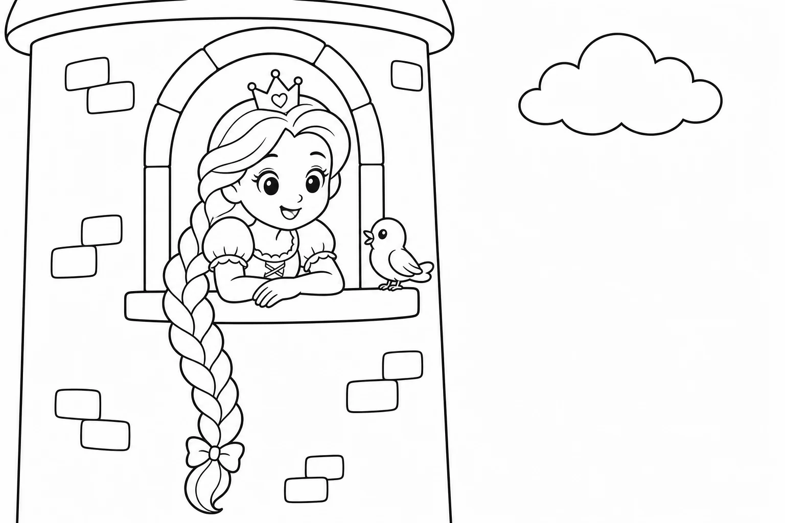 Princesses tower braid — easy princesses coloring page (ages 2–5)