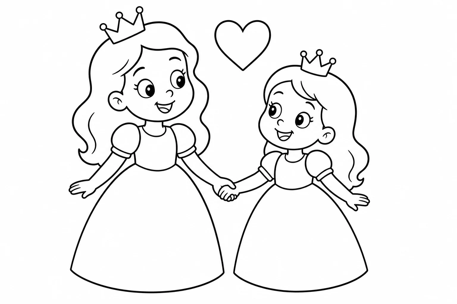 Princesses two sisters — easy princesses coloring page (ages 2–5)
