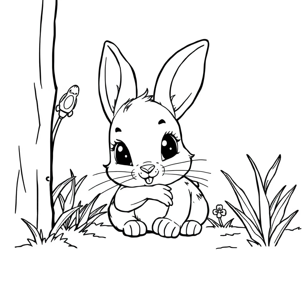 Rabbits a baby bunny peeking from behind something — classic rabbits coloring page (ages 5–10)