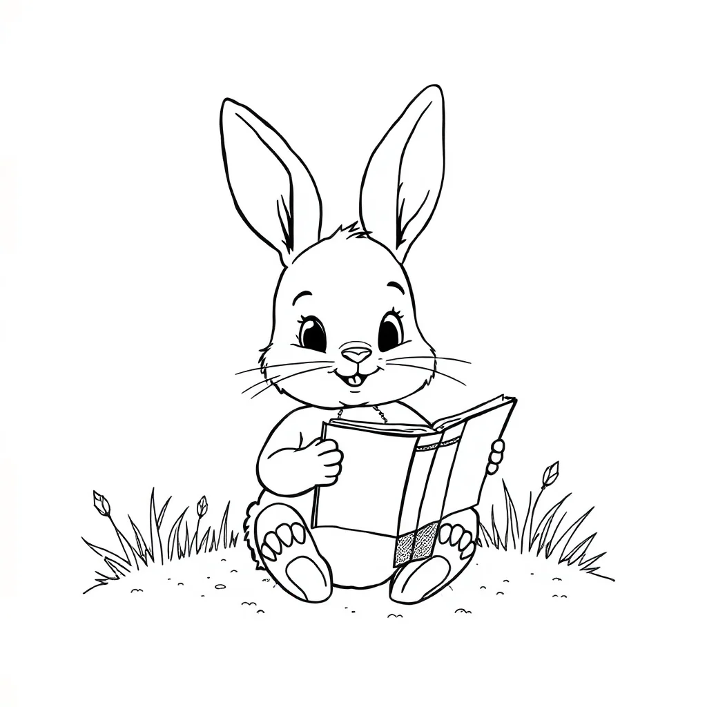 Rabbits a baby bunny reading a book — classic rabbits coloring page (ages 5–10)