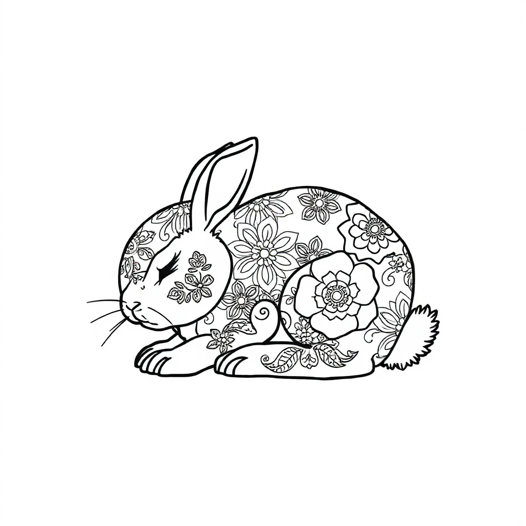 Rabbits a baby bunny sleeping curled up — detailed rabbits coloring page (ages 9+ & adults)