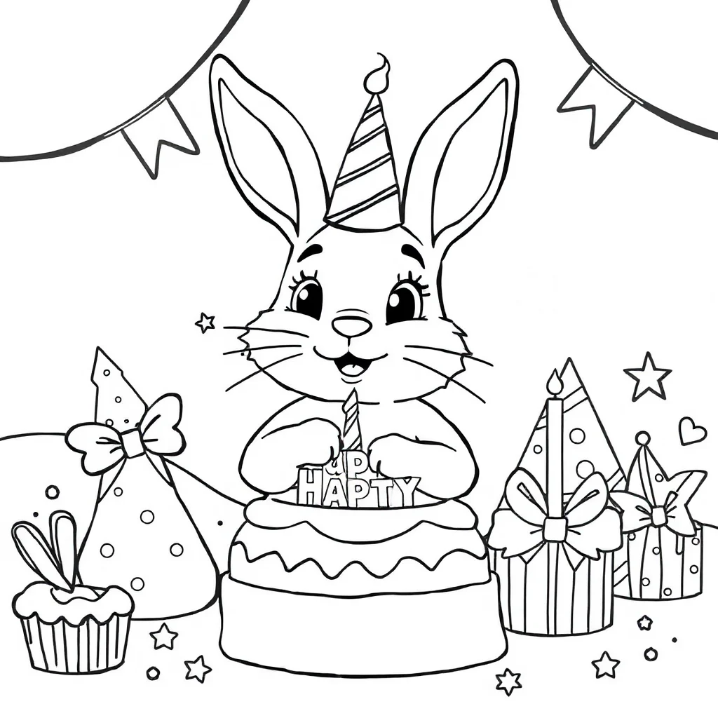 Rabbits a cute bunny celebrating a birthday — classic rabbits coloring page (ages 5–10)