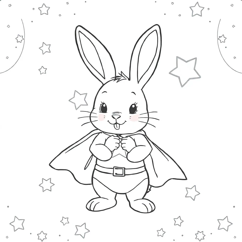 Rabbits a cute bunny in a superhero cape — classic rabbits coloring page (ages 5–10)