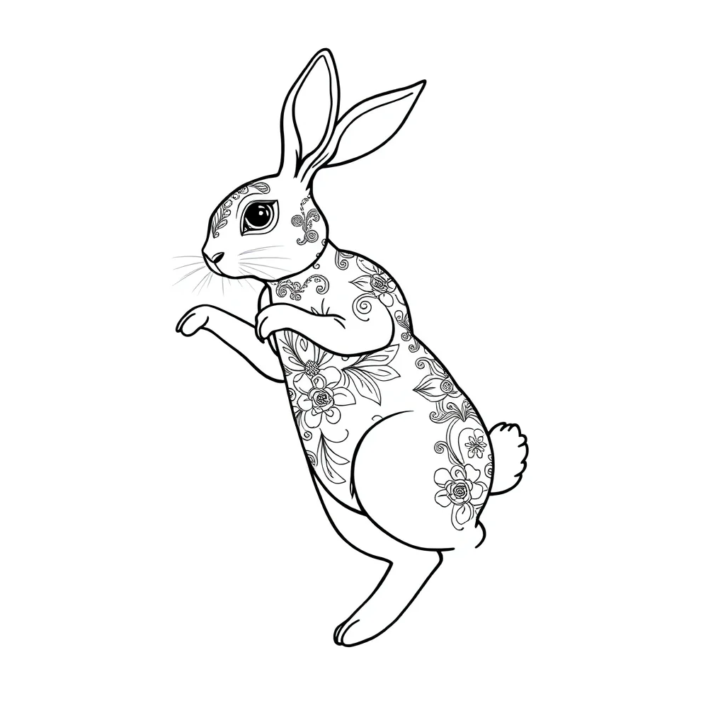 Rabbits a hopping rabbit dancing — detailed rabbits coloring page (ages 9+ & adults)