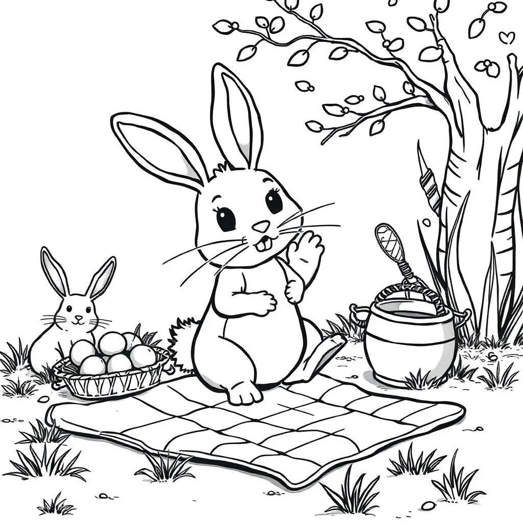 Rabbits a hopping rabbit having a picnic — classic rabbits coloring page (ages 5–10)