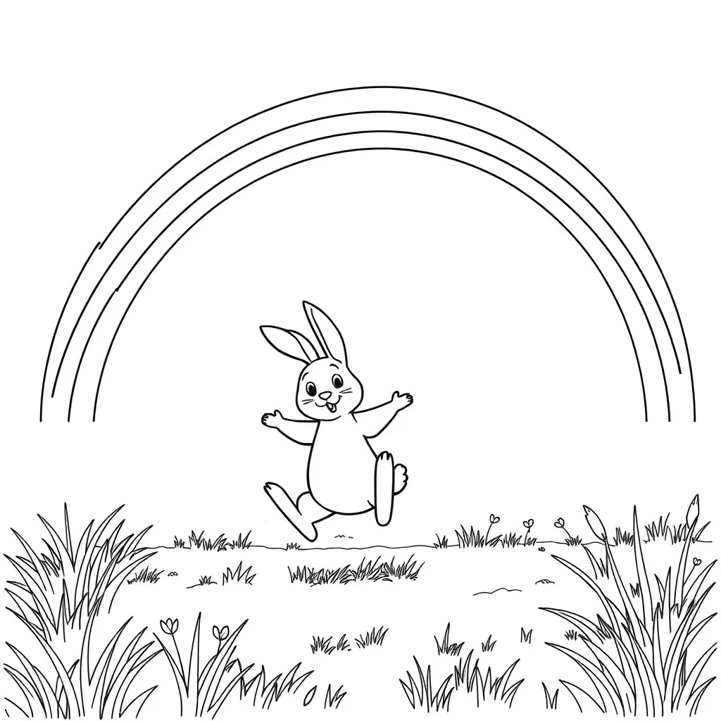 Rabbits a hopping rabbit under a rainbow — classic rabbits coloring page (ages 5–10)