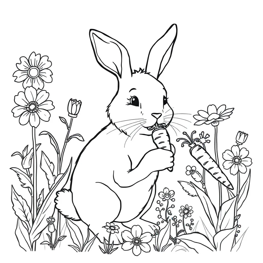 Rabbits a rabbit eating a carrot in a flower garden — classic rabbits coloring page (ages 5–10)