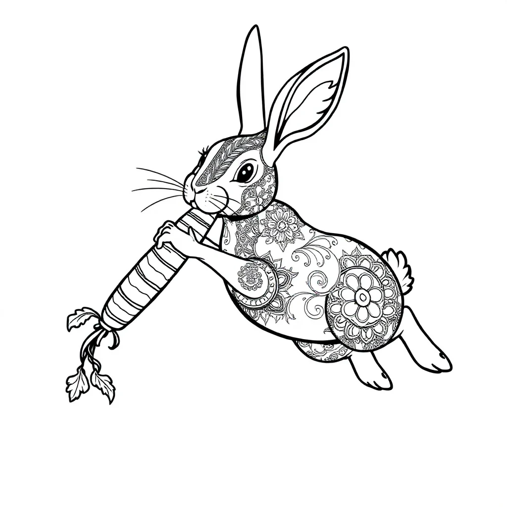 Rabbits a rabbit eating a carrot leaping mid air — detailed rabbits coloring page (ages 9+ & adults)