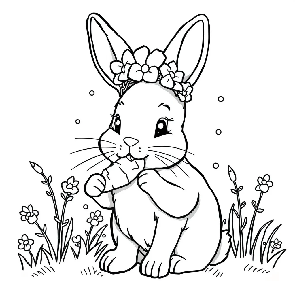 Rabbits a rabbit eating a carrot wearing a flower crown — classic rabbits coloring page (ages 5–10)