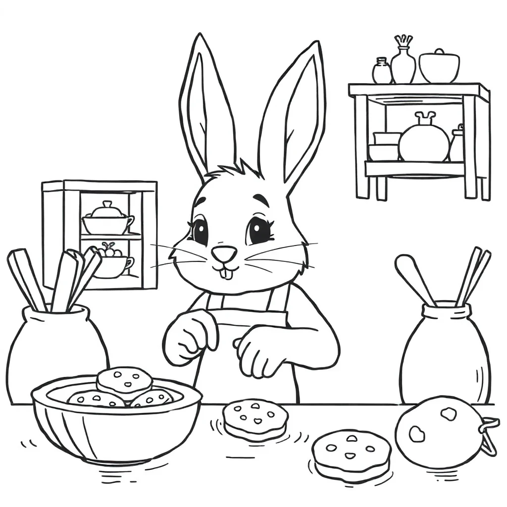 Rabbits a rabbit with long ears baking cookies — classic rabbits coloring page (ages 5–10)