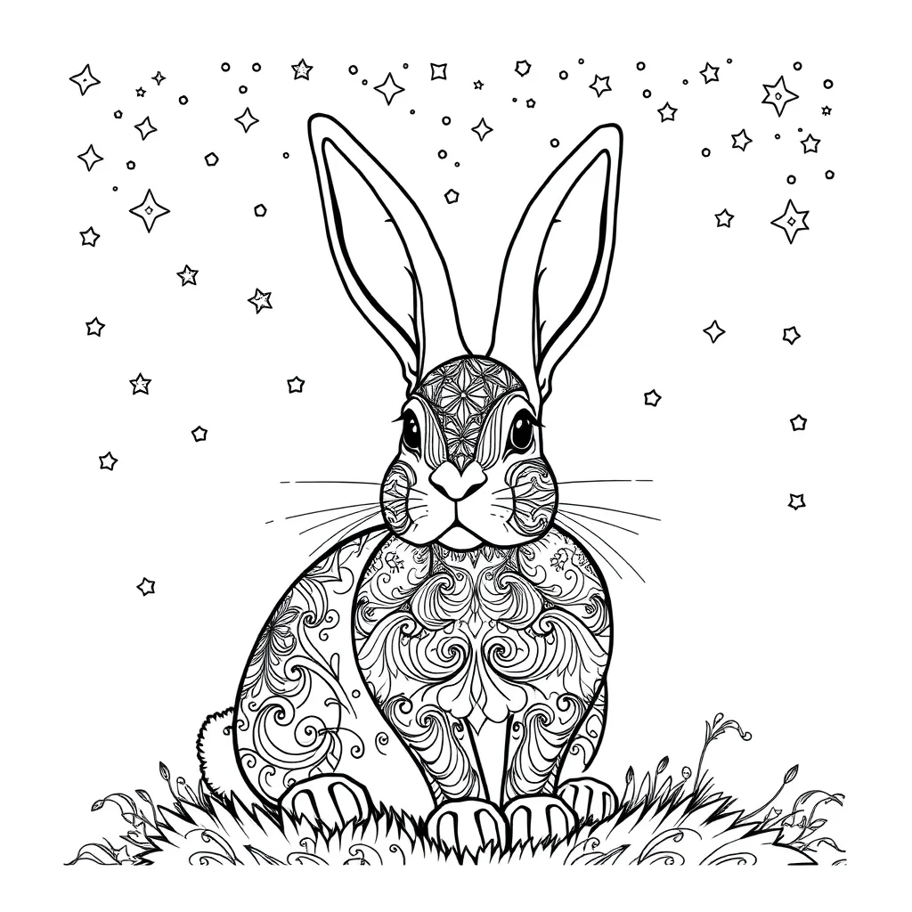 Rabbits a rabbit with long ears under the night sky with stars — detailed rabbits coloring page (ages 9+ & adults)
