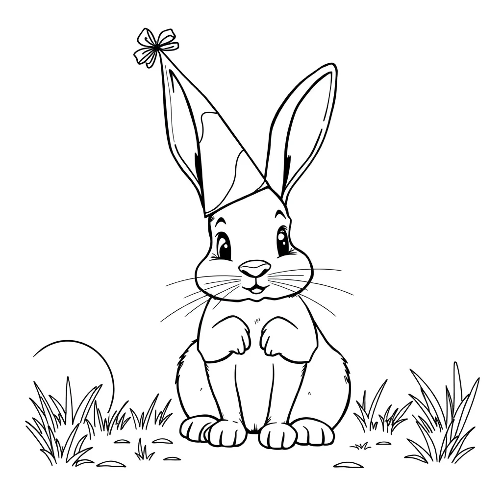Rabbits a rabbit with long ears wearing a party hat — classic rabbits coloring page (ages 5–10)