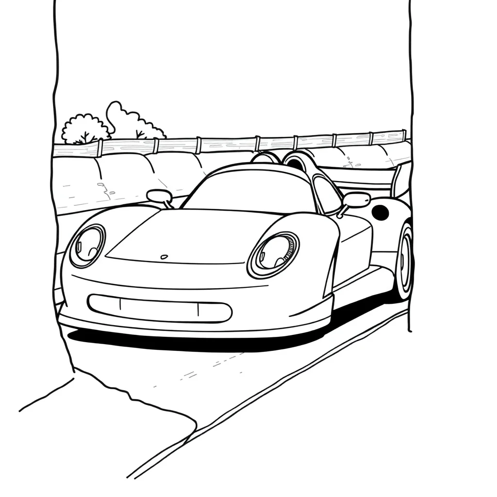 Race cars a fast race car peeking from behind something — classic race cars coloring page (ages 5–10)