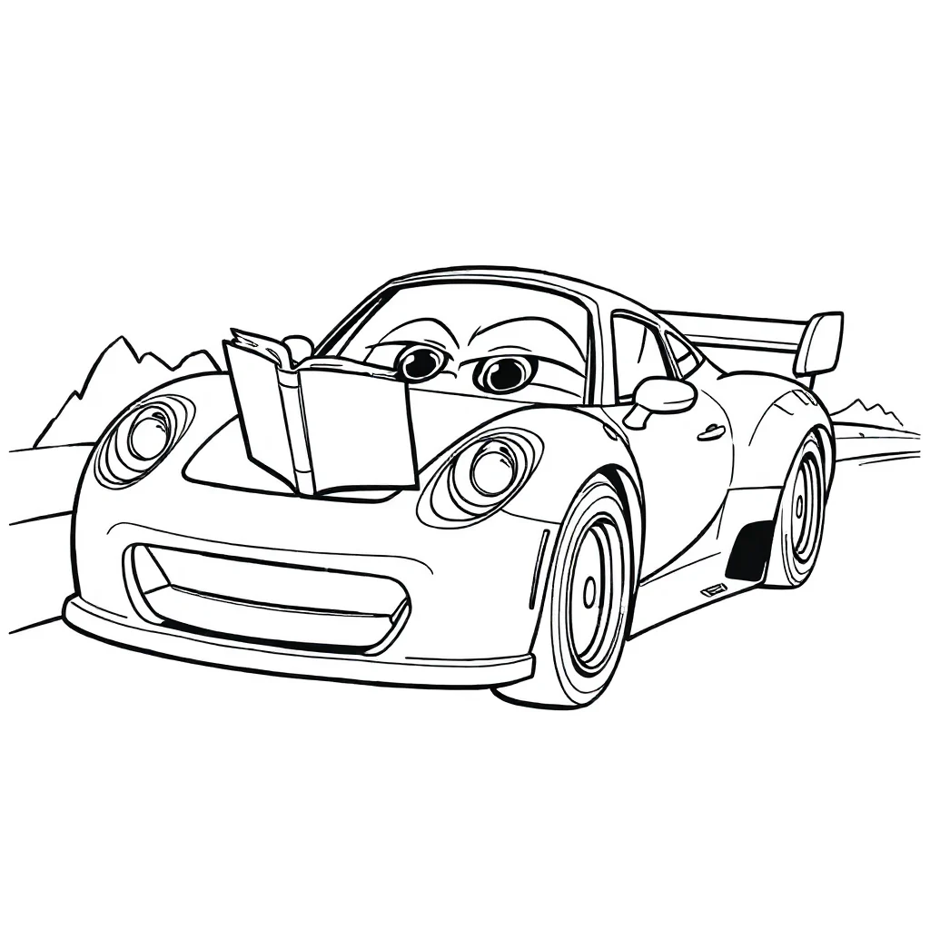 Race cars a fast race car reading a book — classic race cars coloring page (ages 5–10)