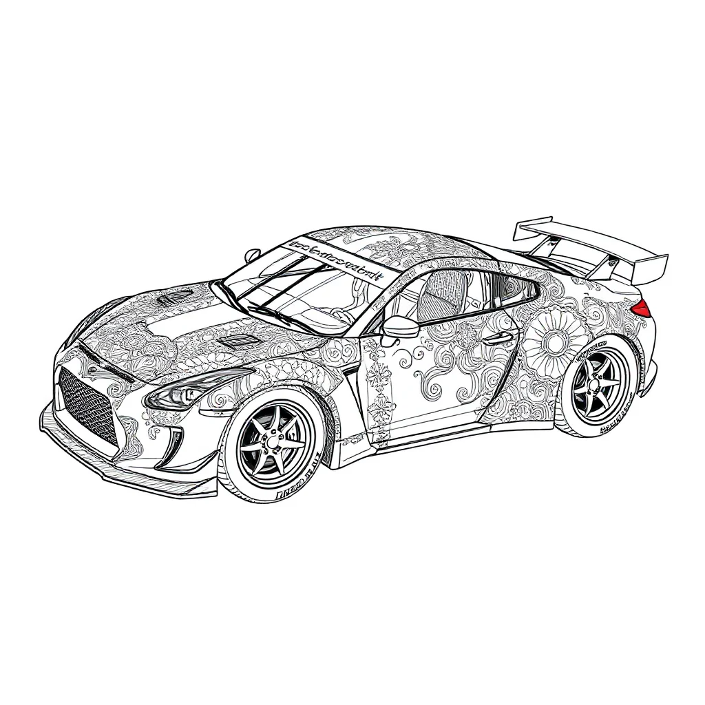 Race cars a fast race car sleeping curled up — detailed race cars coloring page (ages 9+ & adults)
