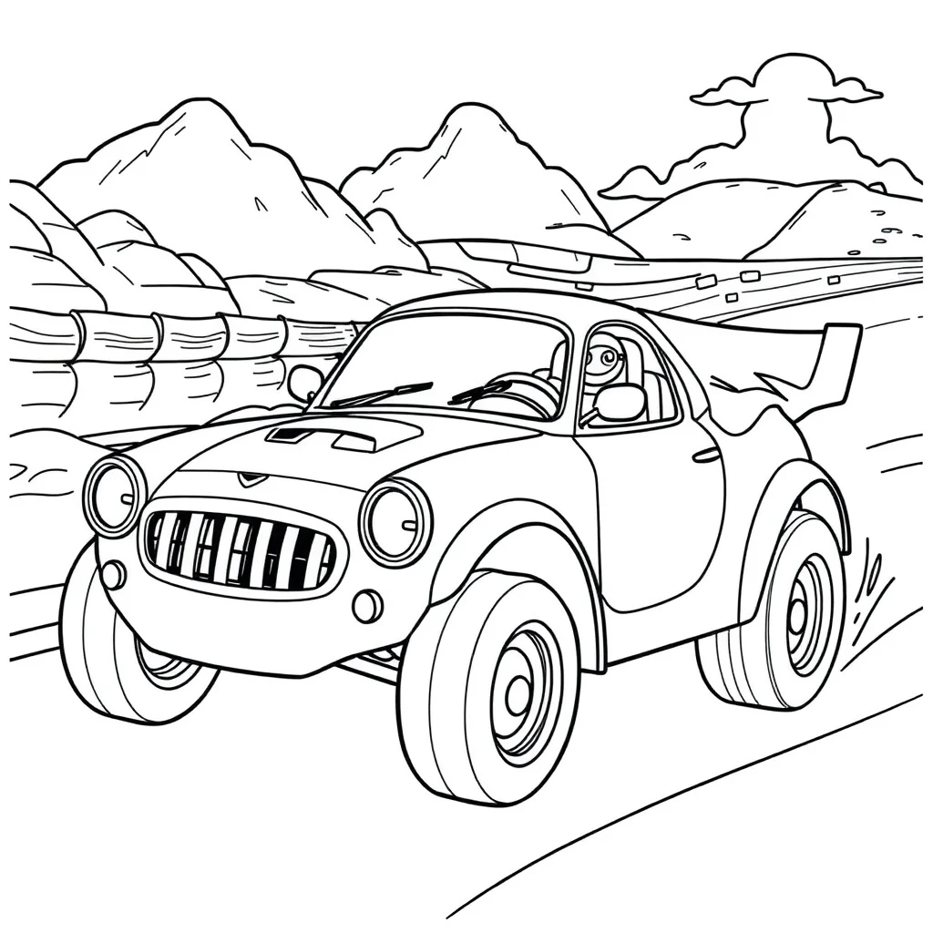 Race cars a race car in a superhero cape — classic race cars coloring page (ages 5–10)
