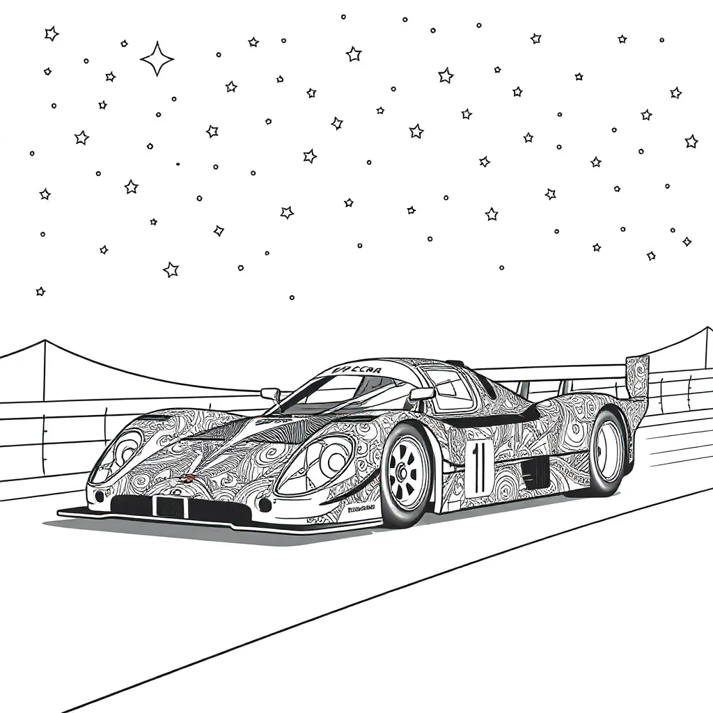 Race cars a race car on a track under the night sky with stars — detailed race cars coloring page (ages 9+ & adults)