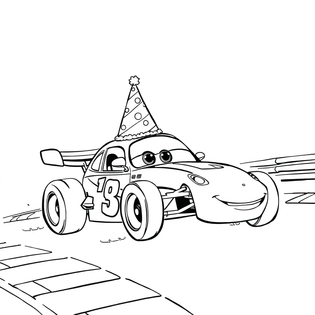 Race cars a race car on a track wearing a party hat — classic race cars coloring page (ages 5–10)