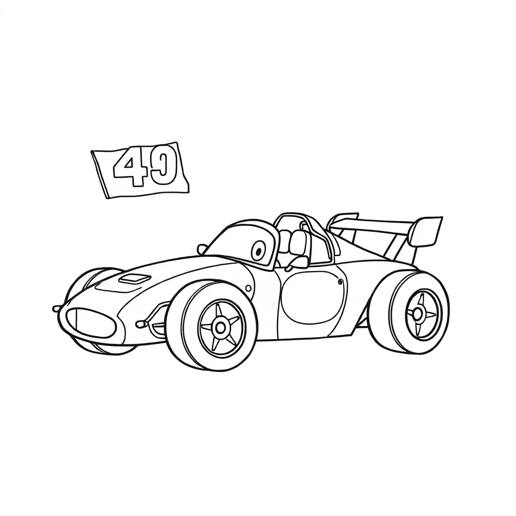 Race cars a race car with a number flying — easy race cars coloring page (ages 2–5)