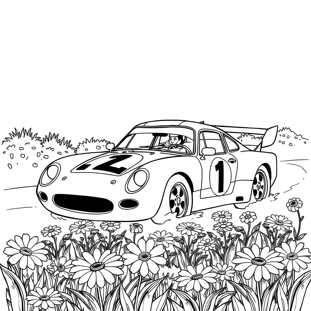 Race cars a race car with a number in a flower garden — classic race cars coloring page (ages 5–10)