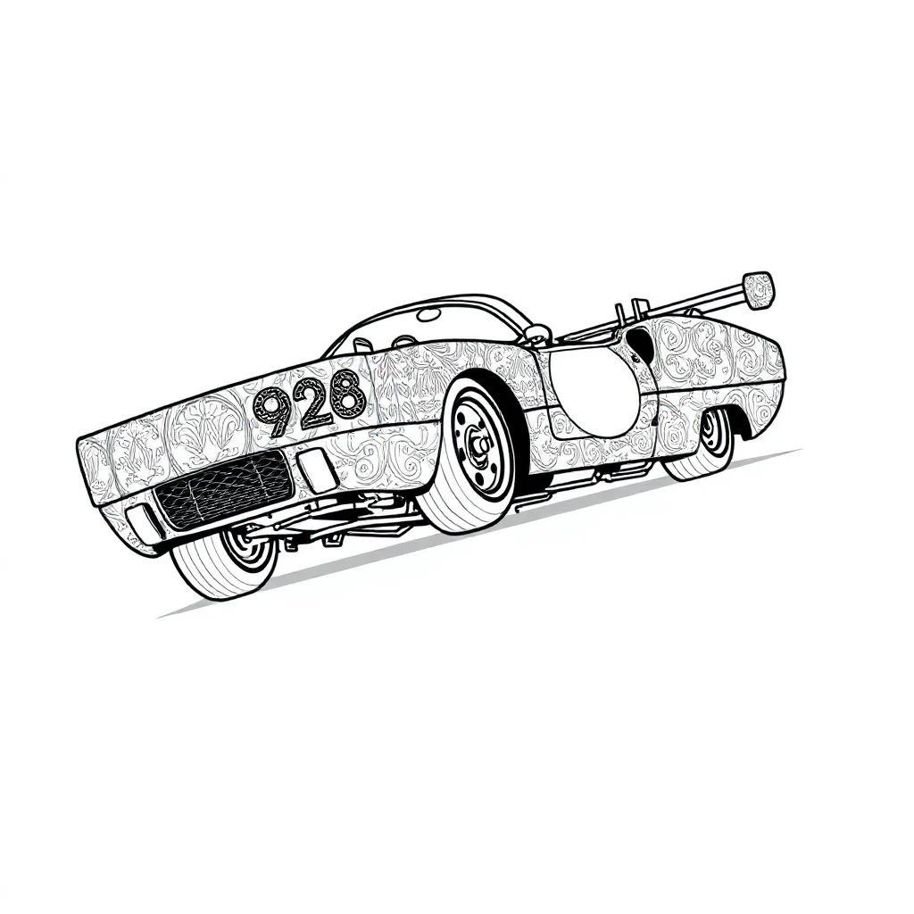 Race cars a race car with a number leaping mid air — detailed race cars coloring page (ages 9+ & adults)