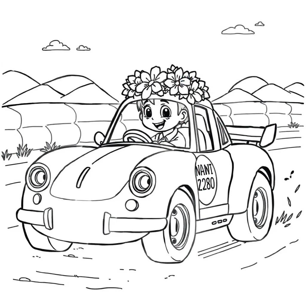 Race cars a race car with a number wearing a flower crown — classic race cars coloring page (ages 5–10)
