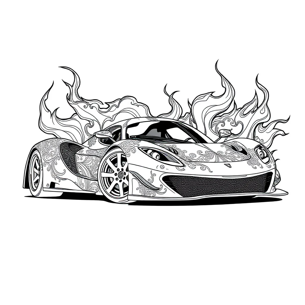 Race cars a race car with flames dancing — detailed race cars coloring page (ages 9+ & adults)