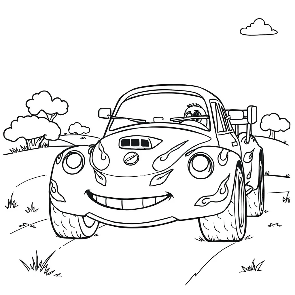 Race cars a race car with flames having a picnic — classic race cars coloring page (ages 5–10)