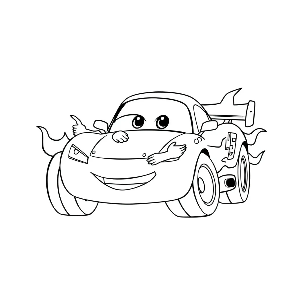 Race cars a race car with flames hugging a friend — easy race cars coloring page (ages 2–5)