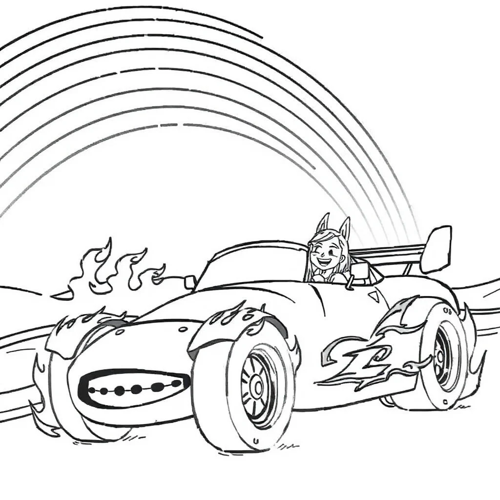 Race cars a race car with flames under a rainbow — classic race cars coloring page (ages 5–10)